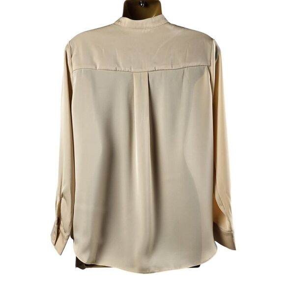 NEW MOTF X-Small Peach Beige Mock Neck Blouse Yoke Box Pleat Shirt tail Office - Picture 5 of 15